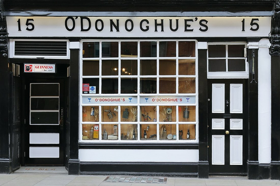The black and white shopfront of O'Donoghue's pub on Merrion Row